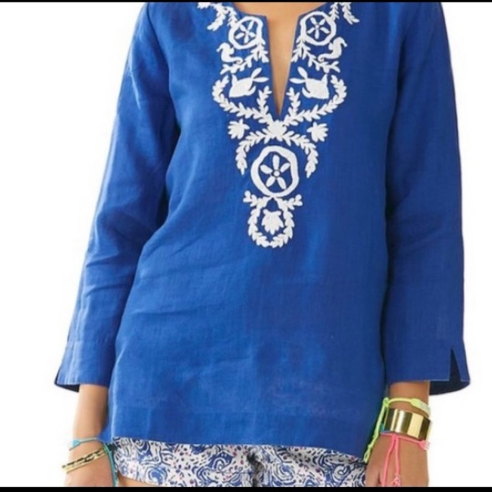 Lilly Pulitzer Royal Blue 100% Linen Tunic with White Embroidery